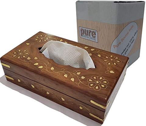 Държач за кърпички Pure Source India Дървена кутия за салфетки е ръчна изработка с дърворезба от месинг.