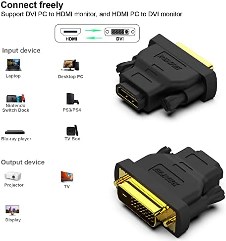 BENFEI DVI-HDMI, Двупосочен адаптер DVI (DVI-D)-HDMI между мъжете и жените с позлатените кабел, 2 бр.