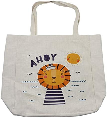 Чанта за пазаруване Ambesonne Saying, Тематично Мультяшное картина с изображение на Лъв, моряк, Щастлив Слънцето и надписи Ahoy на
