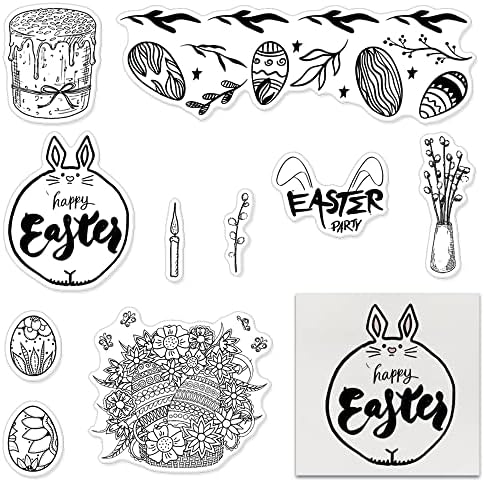 Великденски Яйца със Заек, Прозрачни Печати за направата на Картички и Работи от хартия, Рамка с Цветни Листа, Великденски