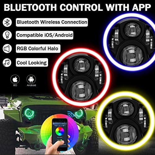 Aukmak 7-инчов Led Светлини RGB Halo Пръстен Ангелски Очи 7Кръг Многоцветен DRL Bluetooth, Дистанционно Управление за Jeep Wrangler JK LJ