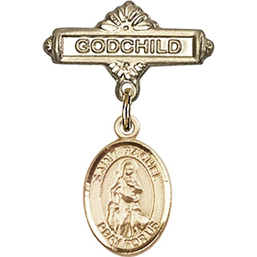 иконата на Бебето от Жълто злато 14 карата с Талисман Свети Рейчъл и Игла за Икона Кръщелник размер 1 X 5/8 инча