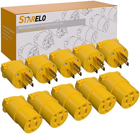 Сменяеми електрически щекер STARELO и комплект удължителен кабел конектори Завършва с жълт корпус 125 15 А, 2 полюса, 3 жици, NEMA 5-15