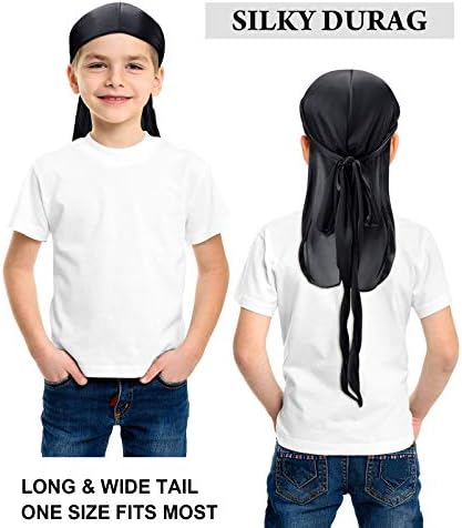 4 Броя Детски Копринени шапки за еднократна употреба Durag с Дълга Опашка и Широки Бретелями, Детски Сатен Шапки Durag, Детски