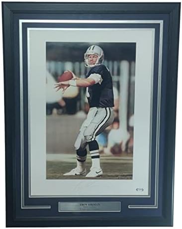 Литография Троя Эйкмана с автограф 16x20 в рамката на Dallas PSA / DNA - Снимки NFL с автограф