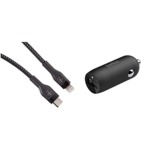 Belkin BoostCharge Pro е Гъвкава Оплетка кабел USB Type C към Lightning, 2 опаковки (1 м /3,3 фута) и Зарядно за Кола USB C мощност 20