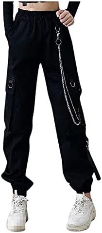 NREALY Дамски Панталони-карго, Черни Ежедневни Модни Панталони-Карго джоб с Множество джобове